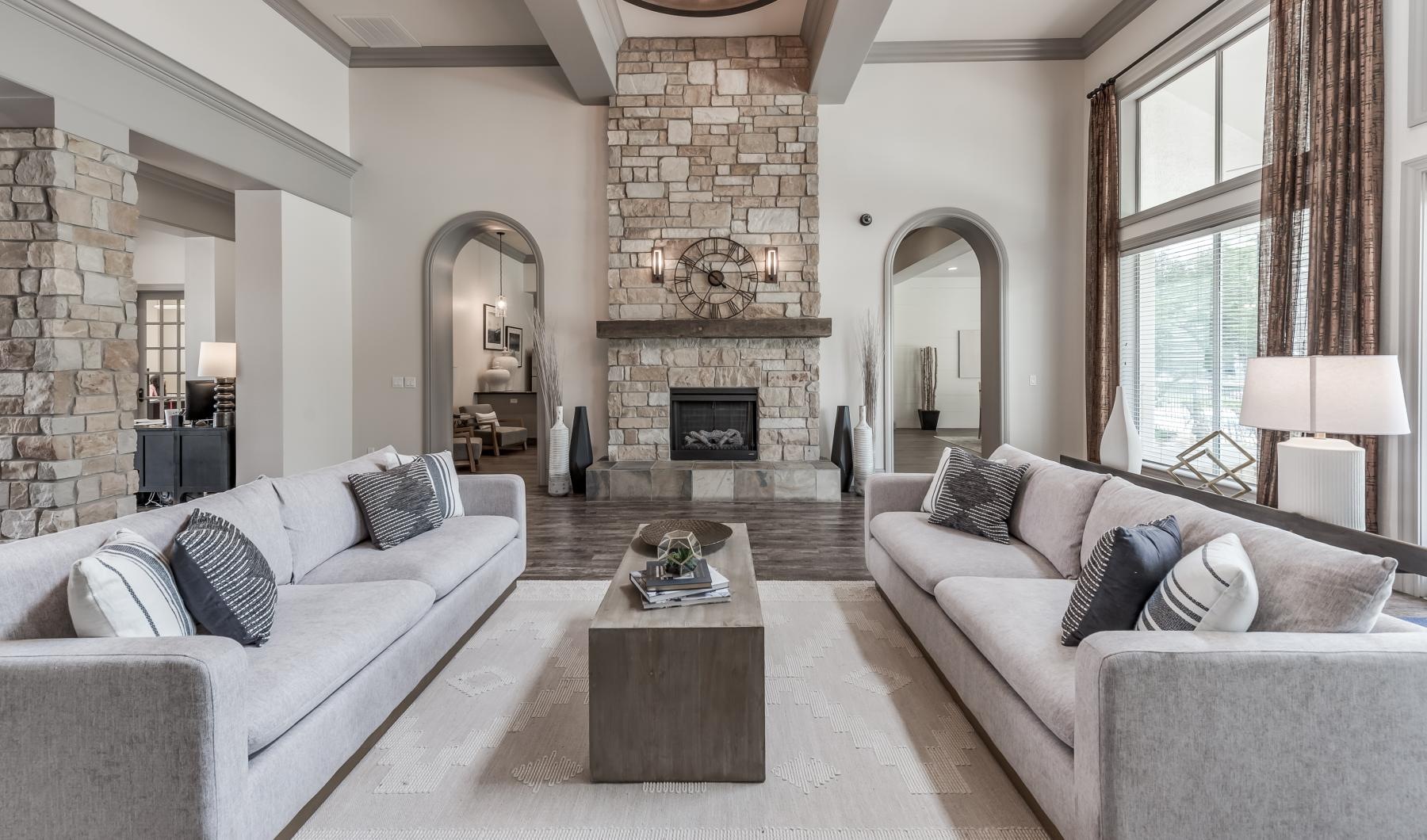 a living room with a fireplace