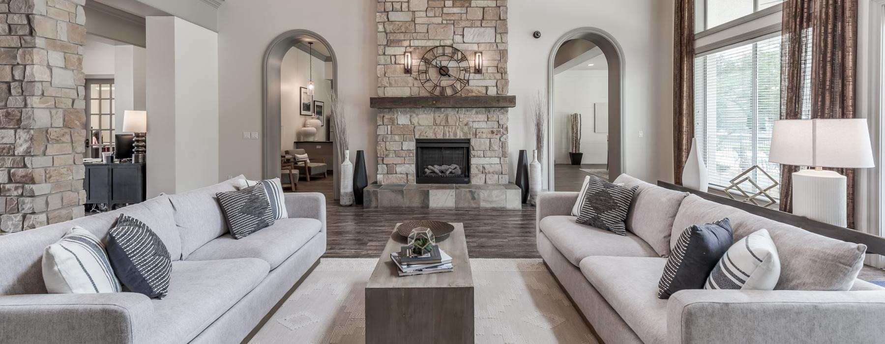 a living room with a fireplace